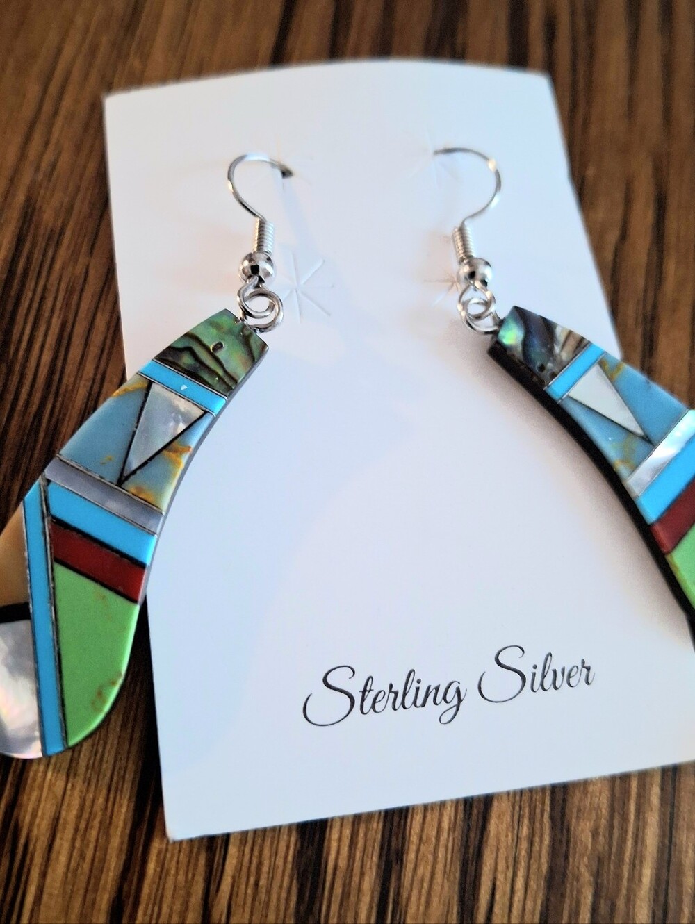Southwestern Zuni Style Inlay Dangle Earrings Sterling Silver - Picture 3 of 5